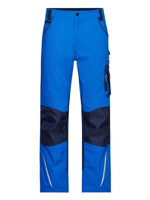 Blaue Arbeitshose mit verstärkten Knien, vielen Taschen und reflektierenden Details für Handwerker