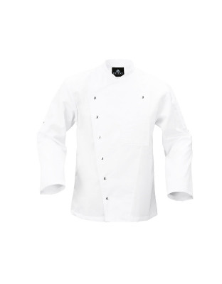 Herren Kochjacke in Weiß mit Langarm, Druckknopfleiste, Brust- und Ärmeltasche – klassisch und hochwertig für Küche, Hotel und Gastronomie