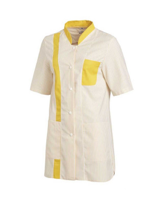 Arbeitskittel Damen mit Streifenmuster, Stehkragen in Kontrastfarbe und praktischen Taschen