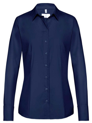 Damenbluse Dunkelblau Langarm mit Kentkragen und breiten Manschetten, leicht tailliert