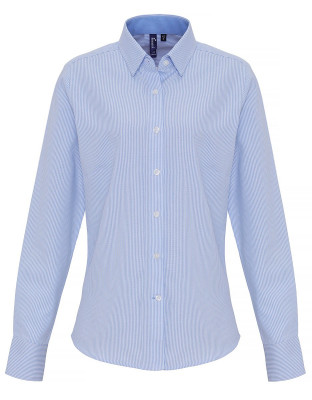 Blau weiße Bluse Damen – Fein gestreifte Langarmbluse mit Hemdkragen und Manschetten, ideal für Business, Gastronomie und Hotellerie.