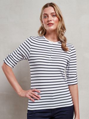 Langarmshirt Blau Weiß gestreift Damen – Henley-Shirt mit Knopfleiste, krempelbaren Ärmeln und Rundhalsausschnitt aus weichem Stretch-Gewebe.