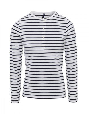Langarmshirt Blau Weiß gestreift Damen – Henley-Shirt mit Knopfleiste, krempelbaren Ärmeln und Rundhalsausschnitt aus weichem Stretch-Gewebe.
