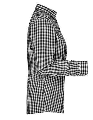 Damenbluse schwarz weiß kariert mit unifarbenen Einsätzen an Kragen und Manschetten, taillierter Schnitt