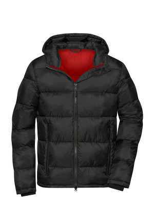 Herren Winterjacke schwarz – gesteppte, gefütterte Jacke mit Kapuze und rotem Innenfutter