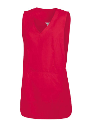 Rote Überwurfschürze für Damen mit Wiener Nähten – ideal für Kosmetik, Spa & Pflegeberufe