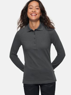 Langärmliges Damen Poloshirt in Dunkelgrau mit Knopfleiste und Bündchen, XS bis 6XL, vielseitig tragbar