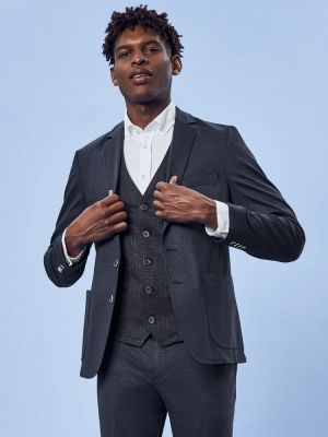 Herren Jersey Sakko Blau Meliert – Regular Fit, stilvolles Sakko aus elastischem Jersey-Gewebe, Zwei-Knopf-Verschluss, aufgesetzte Taschen und Seitenschlitze, ideal für Business, Büro, Verkauf und Gastronomie.