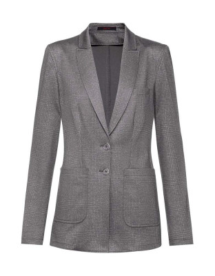 Damen Langblazer Glencheck Grau mit Spitzfacon-Revers und aufgesetzten Taschen
