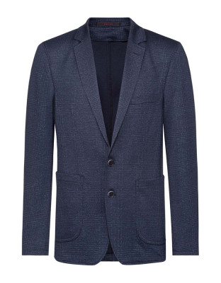 Herren Jersey Sakko Glencheck Dunkelblau – Regular Fit, sportlich-elegantes Sakko mit dezentem Glencheck-Muster, Zwei-Knopf-Verschluss, aufgesetzten Taschen und Seitenschlitzen, ideal für Business, Büro, Verkauf und Gastronomie