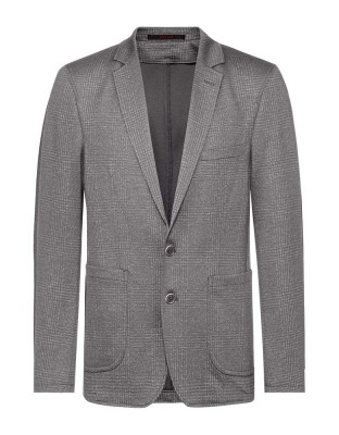 Herren Jersey Sakko Glencheck Grau – Regular Fit, stilvolles Sakko mit dezentem Glencheck-Muster, Zwei-Knopf-Verschluss, aufgesetzten Taschen und Seitenschlitzen, ideal für Business, Büro, Verkauf und Gastronomie.