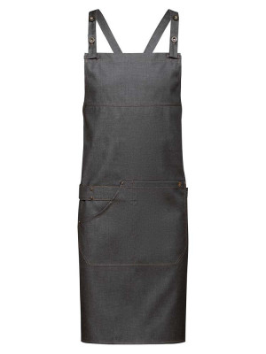 Graue Latzschürze in Denim-Optik mit verstellbarem Nackenband, aufgesetzten Taschen und Geschirrtuchschlaufe – ideal für Gastronomie, Service und Handwerk