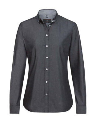 Jeansbluse Damen in Grau mit Button-Down-Kragen, Krempelärmeln und seitlichem Kontrasteinsatz – ideal für Gastronomie, Hotellerie und Freizeit.