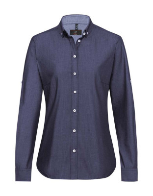 Jeansbluse Damen in Dunkelblau mit Button-Down-Kragen, Krempelärmeln und seitlichem Kontrasteinsatz – ideal für Gastronomie, Hotellerie und Freizeit.