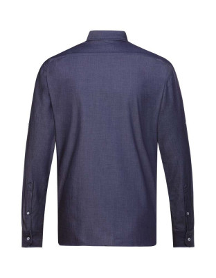 Herren Jeanshemd Regular Fit in Dunkelblau mit Button-Down-Kragen, Krempelärmeln und seitlichem Kontrasteinsatz – Arbeitshemd für Gastronomie, Hotel und Service.