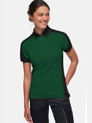 Dunkelgrünes Damen Arbeits Poloshirt mit schwarzen Kontrasteinsätzen und Vier-Loch-Knopfleiste – strapazierfähig und pflegeleicht für Handwerk, Pflege und Gastronomie.