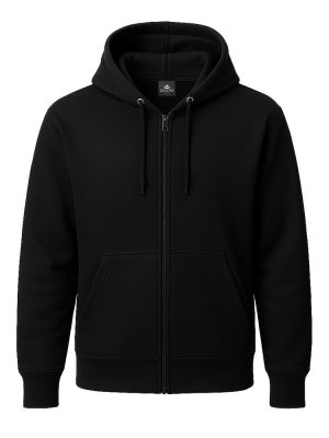 Schwarze Unisex Kapuzen-Sweatjacke, gerade geschnitten, mit Kängurutaschen und Kapuze