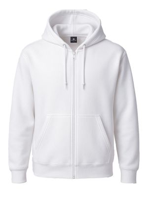 Weiße Unisex Kapuzen-Sweatjacke, gerade geschnitten, mit Kängurutaschen und Kapuze