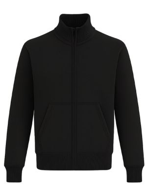 Schwarze Unisex Stehkragen-Sweatjacke, gerade geschnitten, mit Stehkragen und Seitentaschen