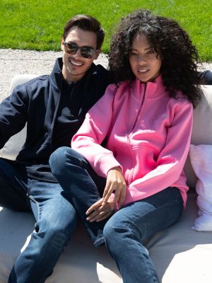 Pinke Unisex Stehkragen-Sweatjacke, gerade geschnitten, mit Stehkragen und Seitentaschen