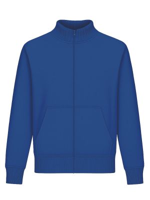 Blaue Unisex Stehkragen-Sweatjacke, gerade geschnitten, mit Stehkragen und Seitentaschen