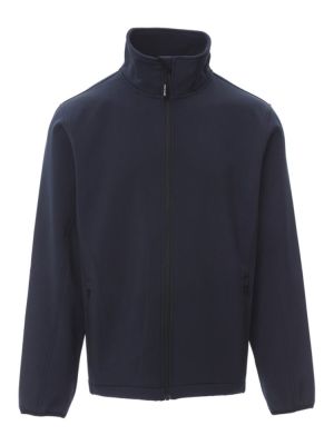 Taillierte Herren Softshelljacke in Marine mit wasserabweisender Beschichtung, 2-Wege-Reißverschluss und elastischen Ärmelbündchen – ideal für Gastronomie, Hotel und Verkauf.