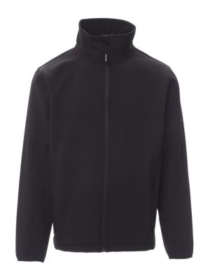 Taillierte Herren Softshelljacke in Schwarz mit wasserabweisender Beschichtung, 2-Wege-Reißverschluss und elastischen Ärmelbündchen – ideal für Gastronomie, Hotel und Verkauf.