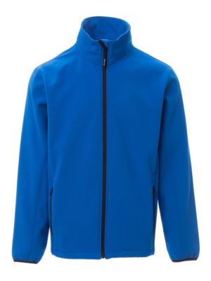 Taillierte Herren Softshelljacke in Blau mit wasserabweisender Beschichtung, 2-Wege-Reißverschluss und elastischen Ärmelbündchen – ideal für Gastronomie, Hotel und Verkauf.