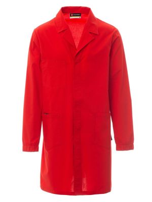 roter Herren Laborkittel mit Reverskragen, Taschen und verdeckter Knopfleiste