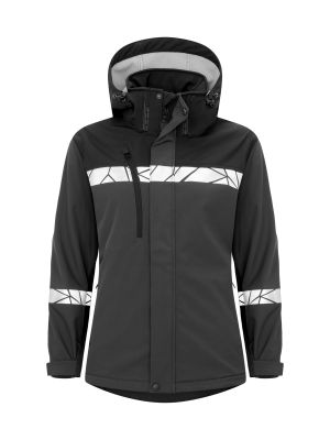Graue Damen-Softshelljacke mit Reflektoren, sportlicher Passform und funktionalem Wetterschutz