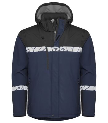 Marineblaue Herren-Softshelljacke mit reflektierenden Einsätzen und Reißverschlusstaschen