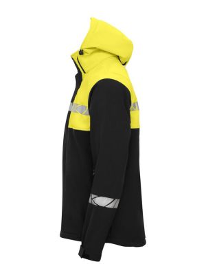 Gelbe Herren-Softshelljacke mit reflektierenden Einsätzen, Kapuze und Reißverschlusstaschen