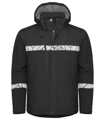 Schwarze Herren-Softshelljacke mit reflektierenden Details, Kapuze und Reißverschlusstaschen