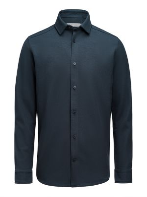 Business-Casual Herrenhemd in Marine Blau aus Waffelstrick mit verdecktem Button-Down-Kragen