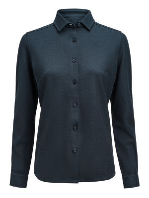 Taillierte Damenbluse in Marine Blau aus Waffelstrick mit verdecktem Button-Down-Kragen