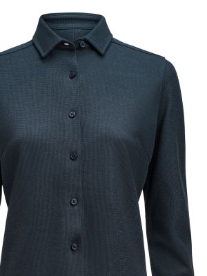 Taillierte Damenbluse in Marine Blau aus Waffelstrick mit verdecktem Button-Down-Kragen