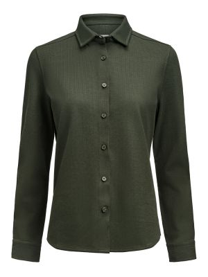 Taillierte Damenbluse in Tannengrün aus Waffelstrick mit verdecktem Button-Down-Kragen
