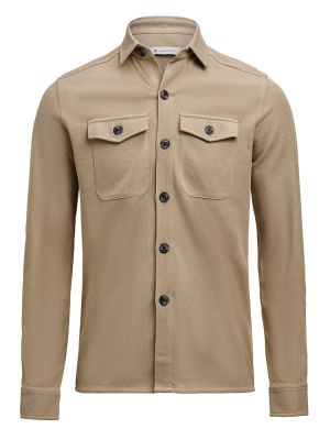 Unisex Overshirt in Khaki aus Waffelstrick mit Brusttaschen und kontrastfarbenen Knöpfen