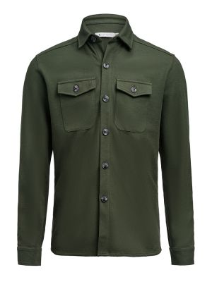 Unisex Overshirt in Tannengrün aus Waffelstrick mit Brusttaschen und kontrastfarbenen Knöpfen