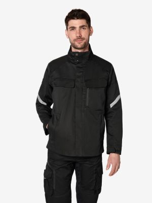 Schwarze FHB Arbeitsjacke mit Taschen und verdecktem Reißverschluss für Handwerk und Workwear