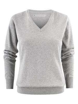 James Harvest Damen Strickpullover mit V-Ausschnitt Grau Meliert