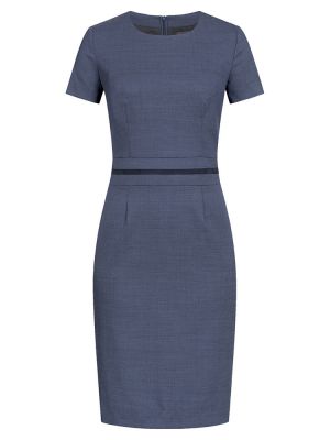 Damen Etuikleid hellblau mit kurzen Ärmeln, Taillenband und Rückenschlitz – ideal fürs Büro