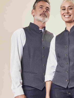 Trachtenweste Herren Grau im Landhausstil mit Stehkragen und 7-Knopf-Verschluss, ideal für Gastronomie und Hotellerie