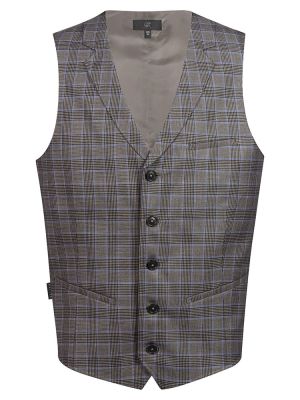 Glencheckweste Herren Braun-Schwarz mit feinem blauen Karo, Reverskragen und 5-Knopfleiste