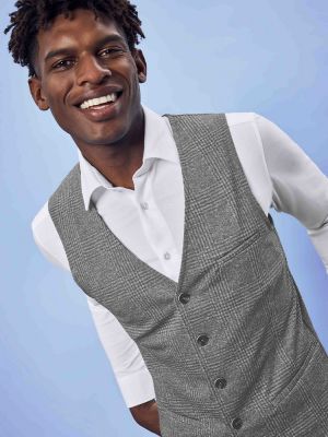 Herren Jersey Weste Glencheck Grau – Regular Fit, 5-Knopf-Leiste, Leistentaschen, weicher Jersey-Stoff mit Stretch, Business- und Freizeitweste für Büro, Verkauf, Gastronomie