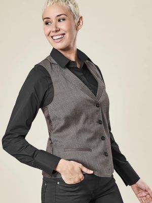 Weste Fischgrät Damen Braun-Schwarz mit Reverskragen und 4-Knopfleiste