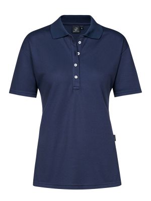 Dunkelblaues Damen Poloshirt mit klassischem Polokragen und taillierter Passform – ideal für Beruf und Freizeit