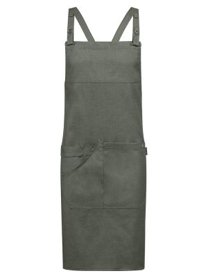 Grüne Latzschürze in Denim-Optik mit verstellbarem Nackenband, aufgesetzten Taschen und Geschirrtuchschlaufe – ideal für Gastronomie, Floristen und Verkauf