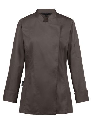 Kochjacke Damen Langarm Braun – strapazierfähige Arbeitsjacke mit verdeckter Druckknopfleiste, Lüftungslöchern und Armtasche für Gastronomie, Bäckerei und Catering