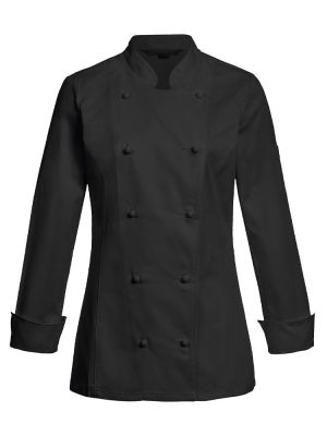 Kochjacke Damen Schwarz mit Stehkragen und figurbetontem Schnitt – moderne Berufsbekleidung für Köchinnen